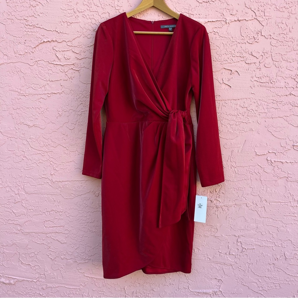 New Julia Jordan Red Dress Faux Wrap Long Sleeve Size 10